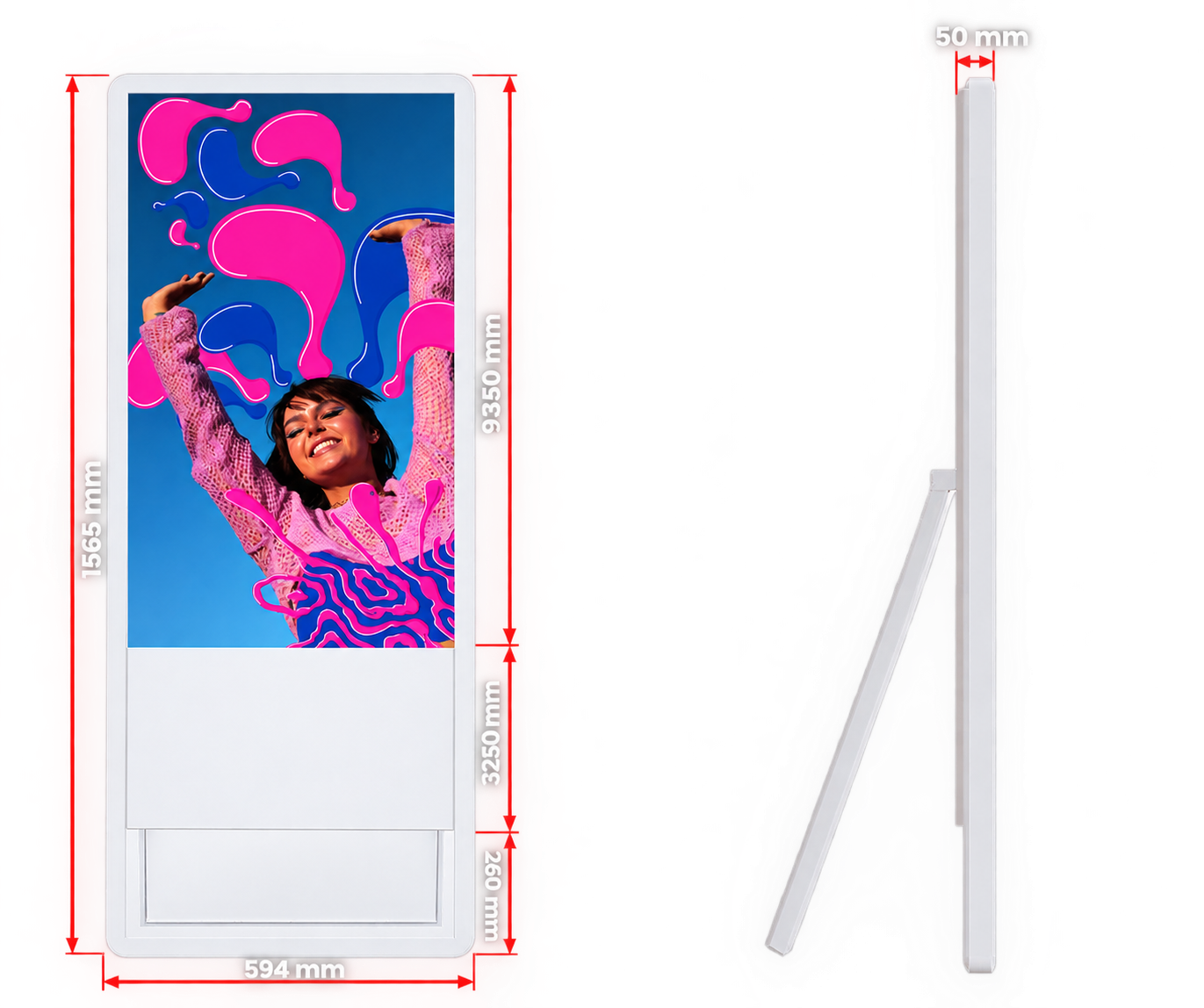 Dimension drawing of the A-Frame Kiosk: 594 mm wide, 1565 mm high and 50 mm deep, front and side views