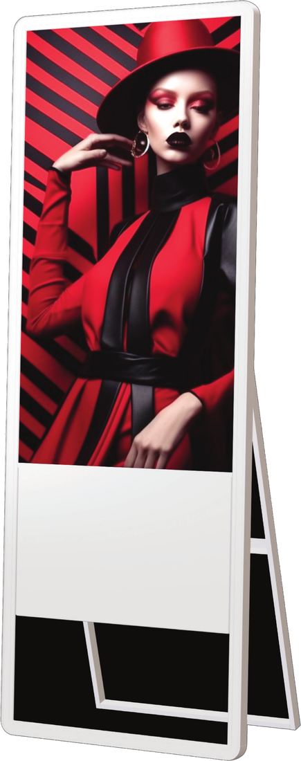 White LDK-A43G A-Frame Kiosk standing on a floor, showing a fashion advertisement