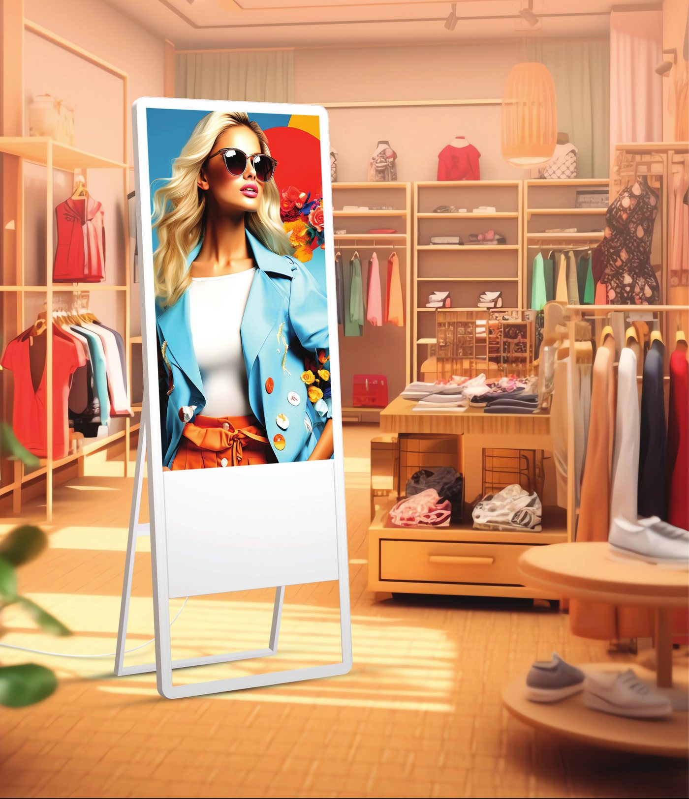 A-Frame Kiosk showing a fashion advertisement inside a clothing store
