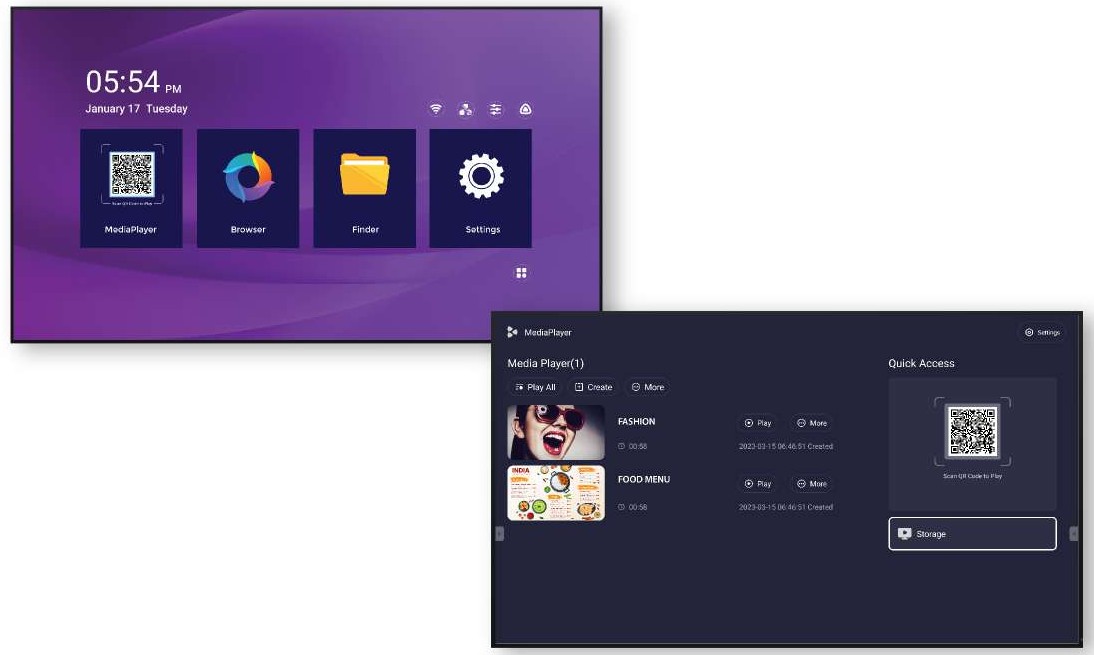 Built-in media player home screen and playlist on a Vista Series display