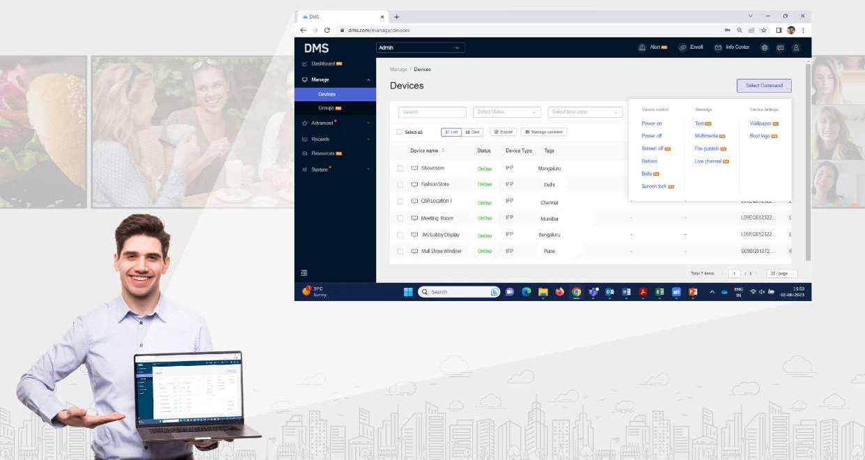 Presenter showing the DMS devices dashboard listing panels across multiple locations