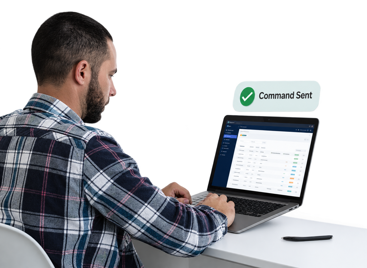 Administrator sending a command to Vista Series screens from the Device Management System on a laptop