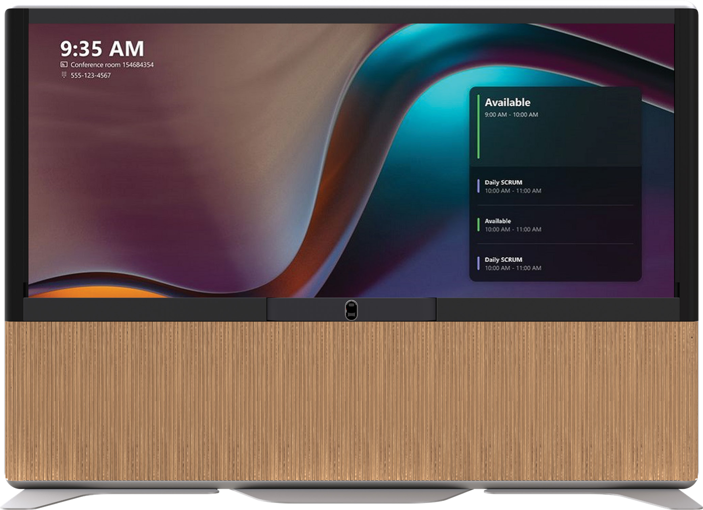 VisionHub AV frame in Regal Oak finish showing a room availability screen