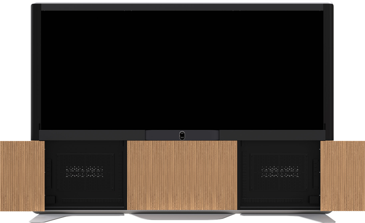VisionHub with its flexhatches open, showing the LED display, frame, video bar, cable tray, equipment racks, outlet vents and back-side power socket