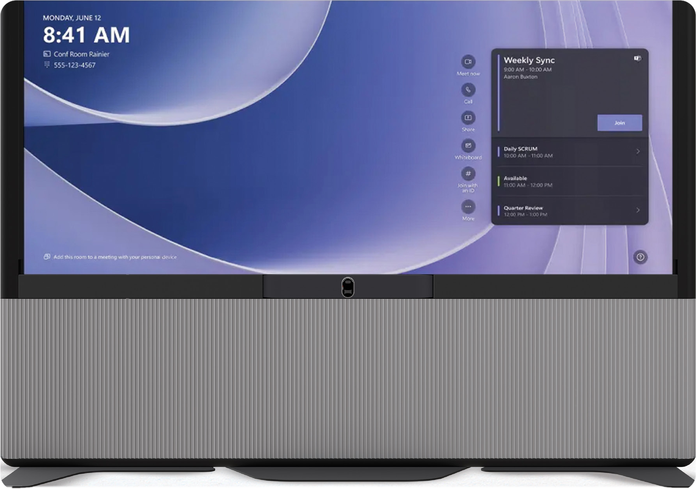 VisionHub in Midnight Grey finish showing a meeting room home screen