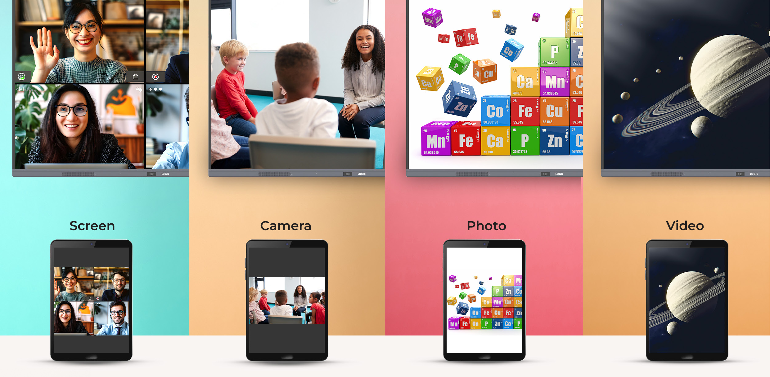 Screen, camera, photo and video sharing from four tablets to the AZ Series display