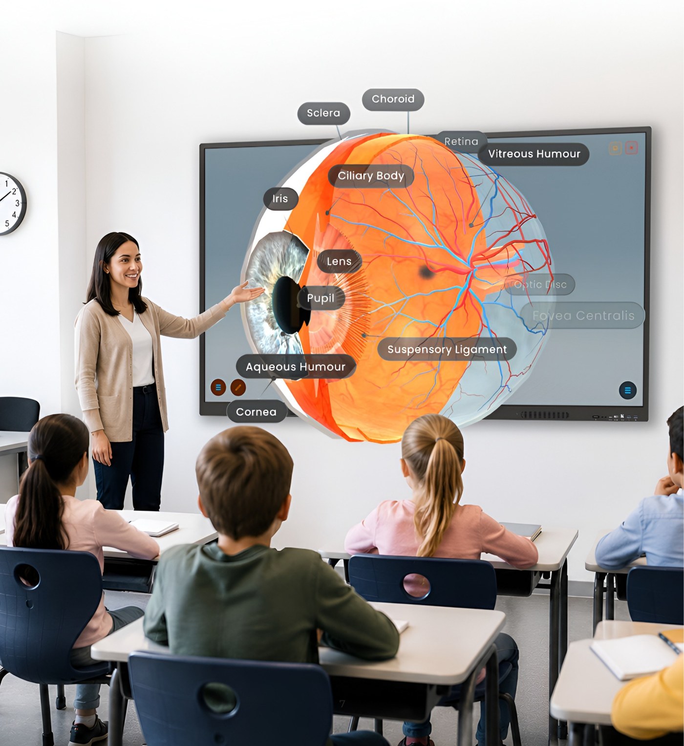 Teacher showing a 3D human eye simulation on the EX Series display