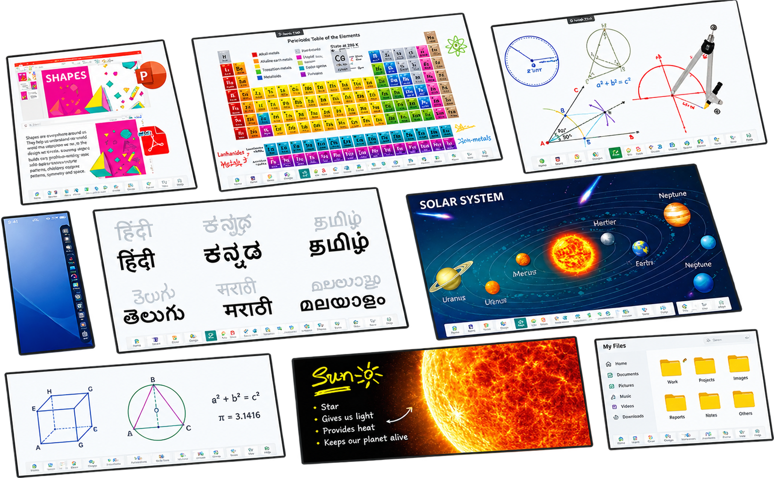 Note Pro on the HX Series showing shapes, the periodic table, geometry tools, regional languages and the solar system