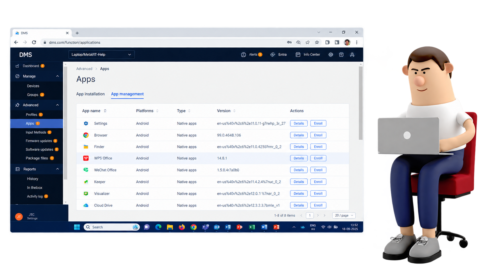 Device Management System dashboard showing app management