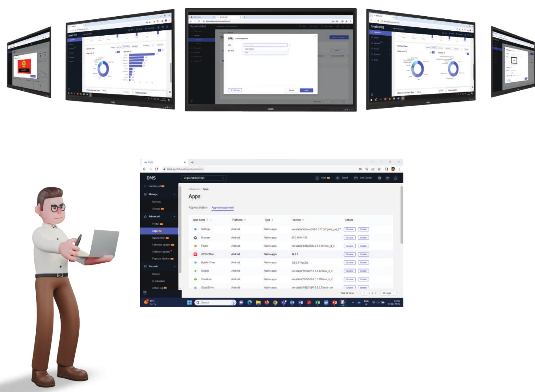 Device Management System dashboard showing centralized app management across multiple panels